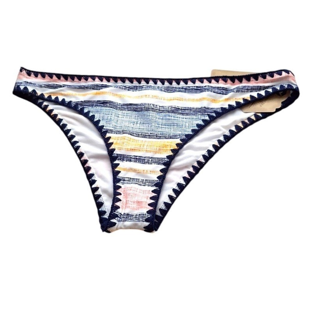 True Craft Bikini Bottoms Large Navy Blue Multi Summer Stripe Crochet Boho Beach